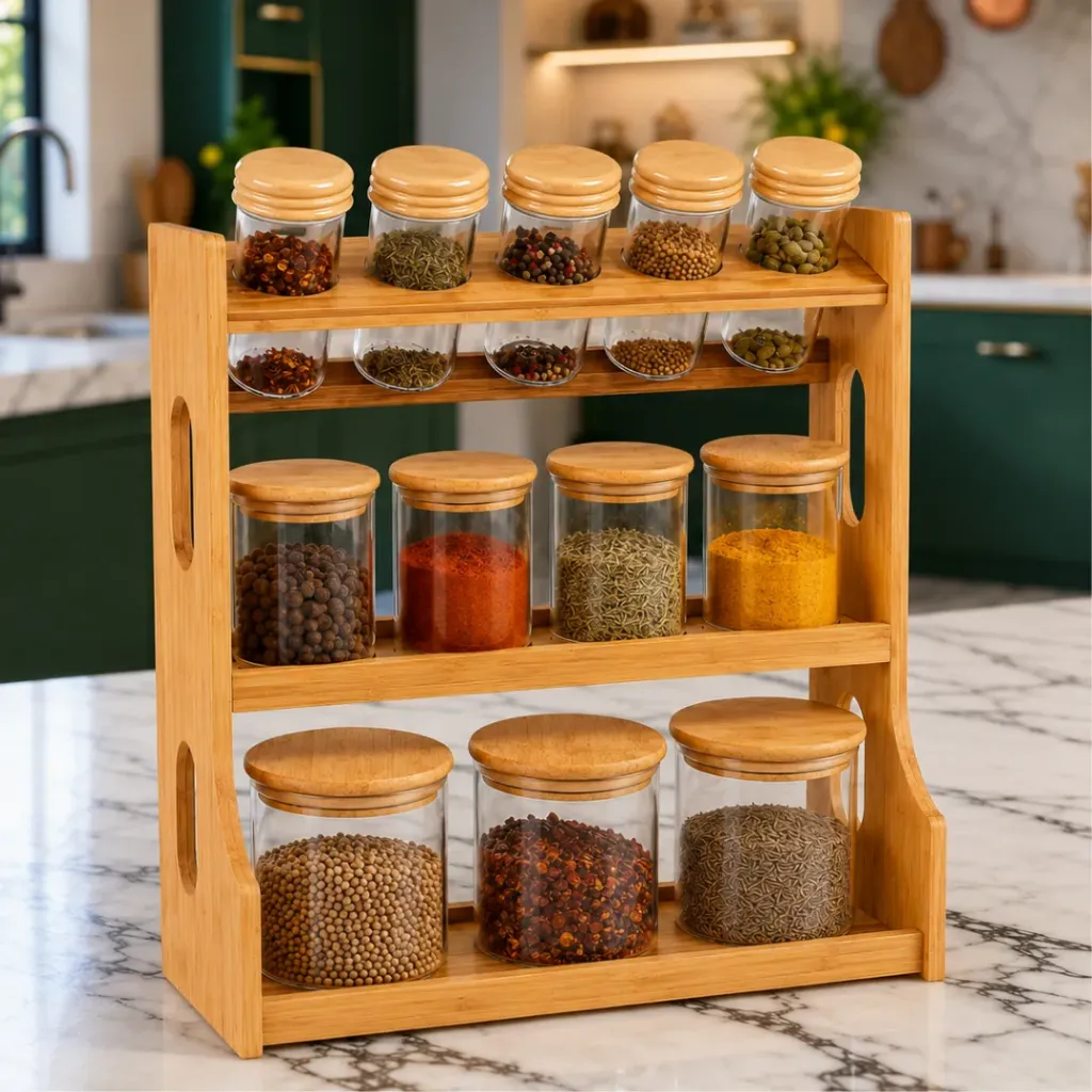 Set Porte-Epices En Verre Avec Support En Bois 13 Pièces