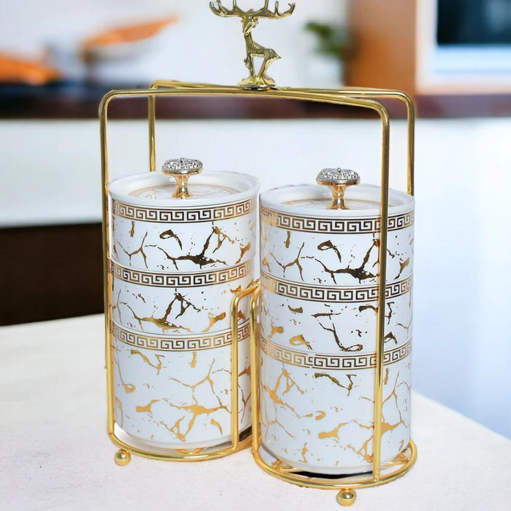 Ensemble de 6 Boîtes en Céramique Blanc Marbré Doré à deux Niveau