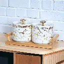 Ensemble de 2 Boîtes en Céramique Blanc Marbré Doré avec Support en Bois