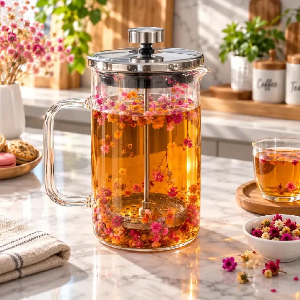[hks109-39R] Théière A Piston En Verre Double Paroi 1L- Rose