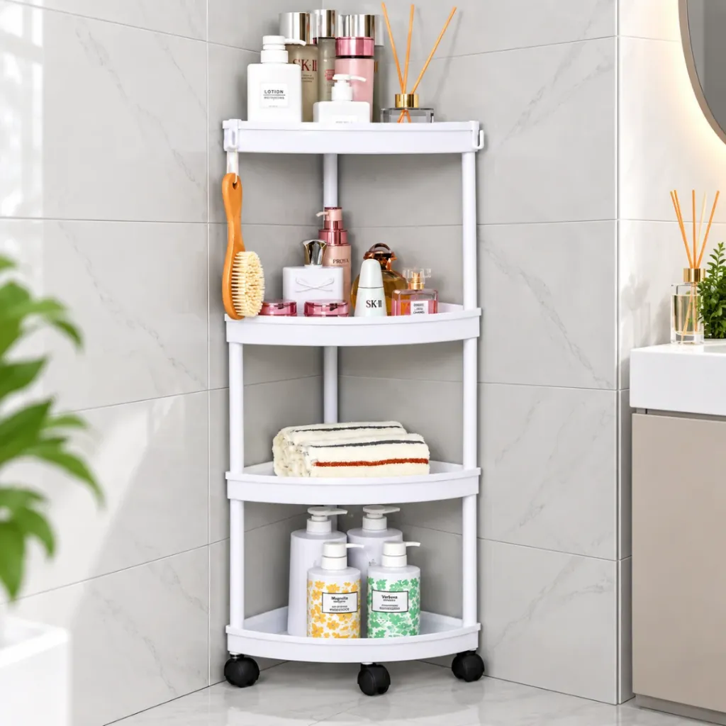 [9608-B] Etagère D'angle Pour Salle De Bain- Blanc