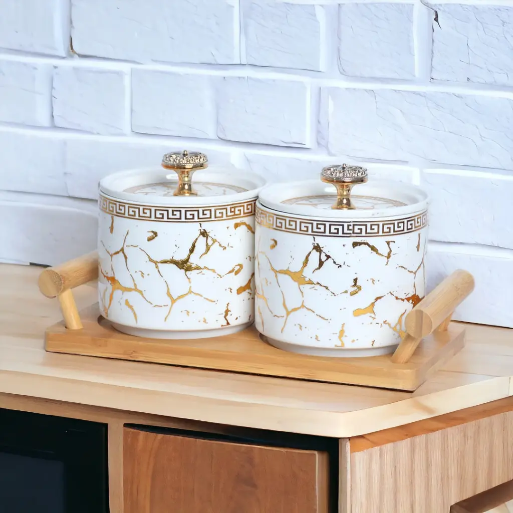 Ensemble de 2 Boîtes en Céramique Blanc Marbré Doré avec Support en Bois
