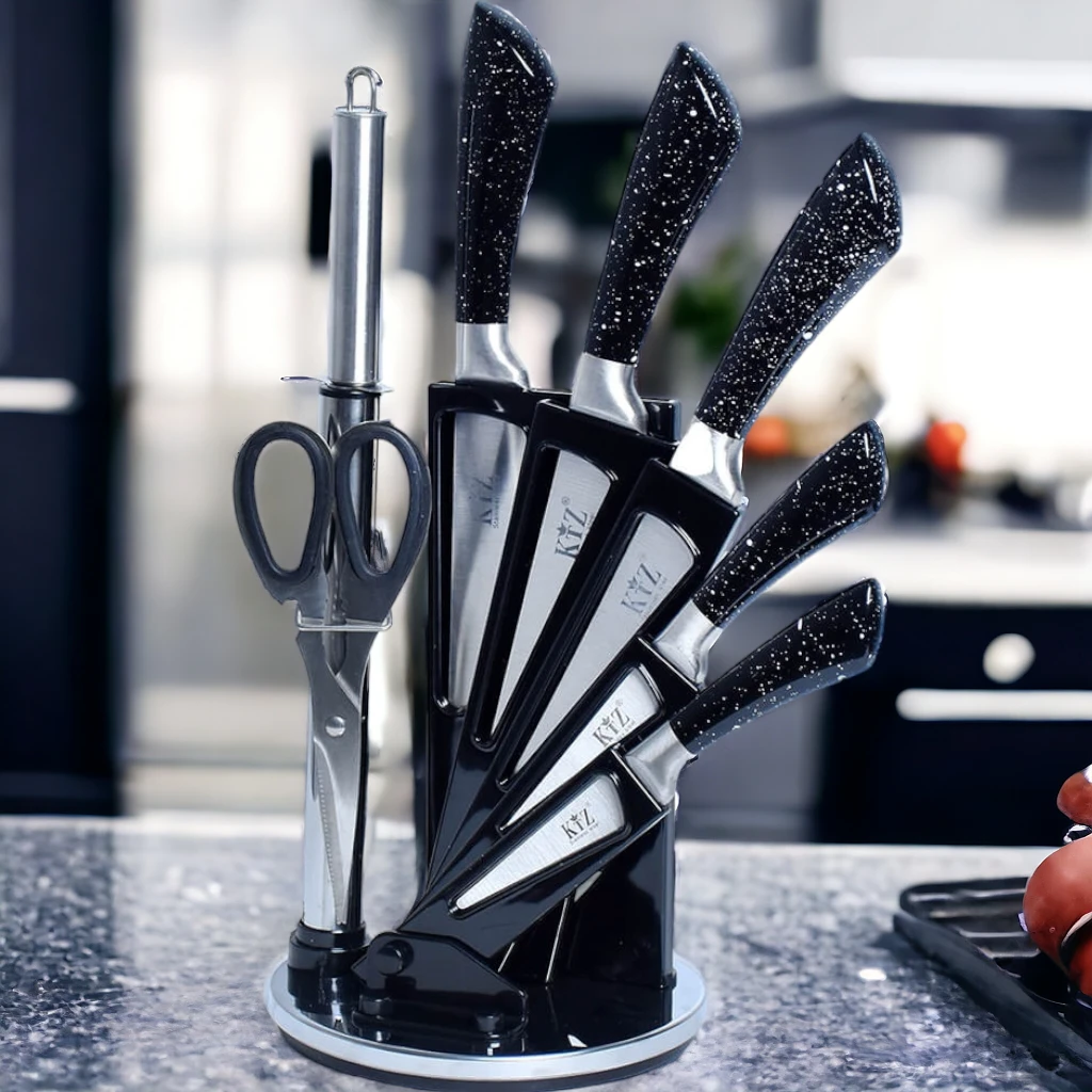 Ensemble 8 Pièces Couteaux De Cuisine avec Support Tournant en  Noir