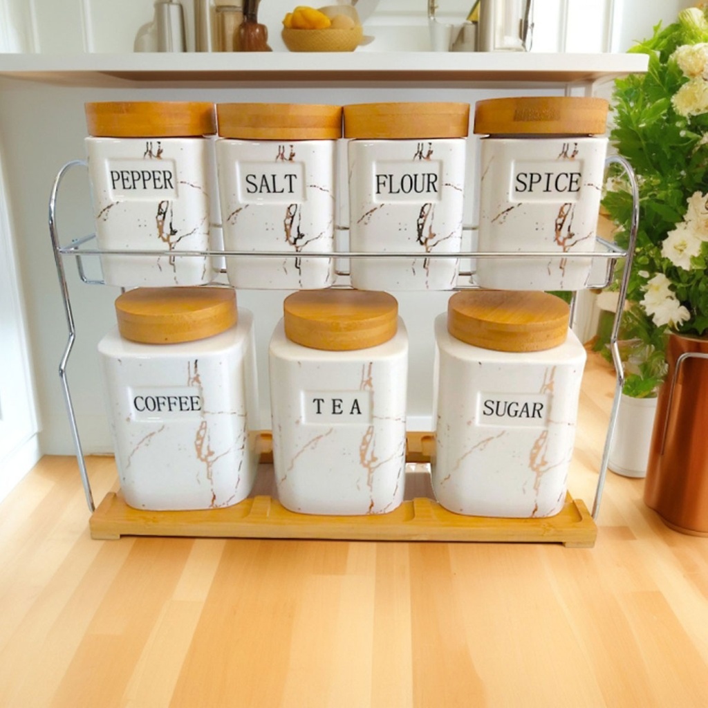 Ensemble de 7 pots à épices en Céramique Marbre Avec Support