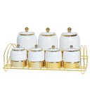 Ensemble de 7 pots à épices en céramique Blanc&Doré  Avec Support Doré 