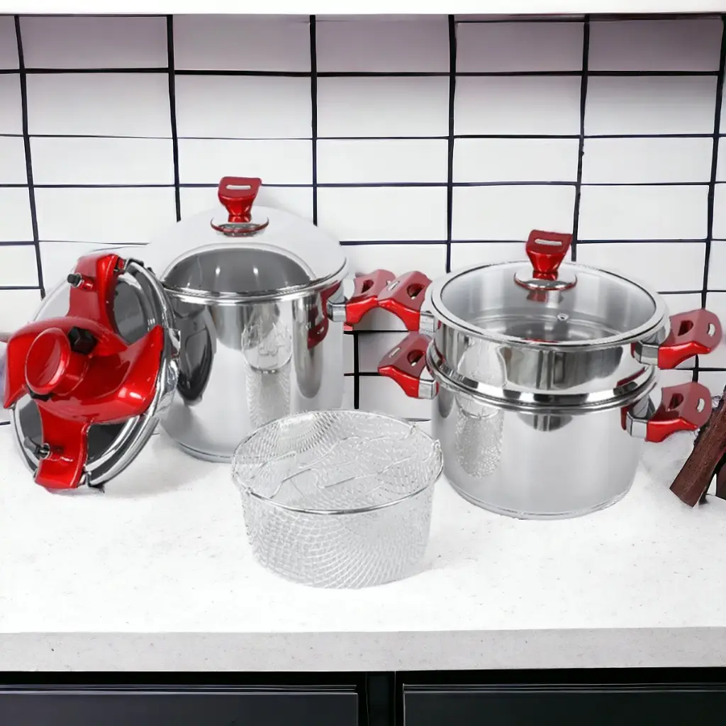 Ensemble de 8 pieces Inox Hascevher Cocotte 5 L et couscoussier 7 L