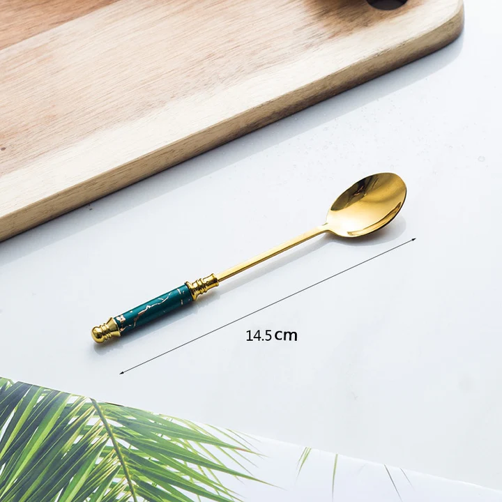 Lot De 6 Petit Cuillères doré poignée en Marbre Vert