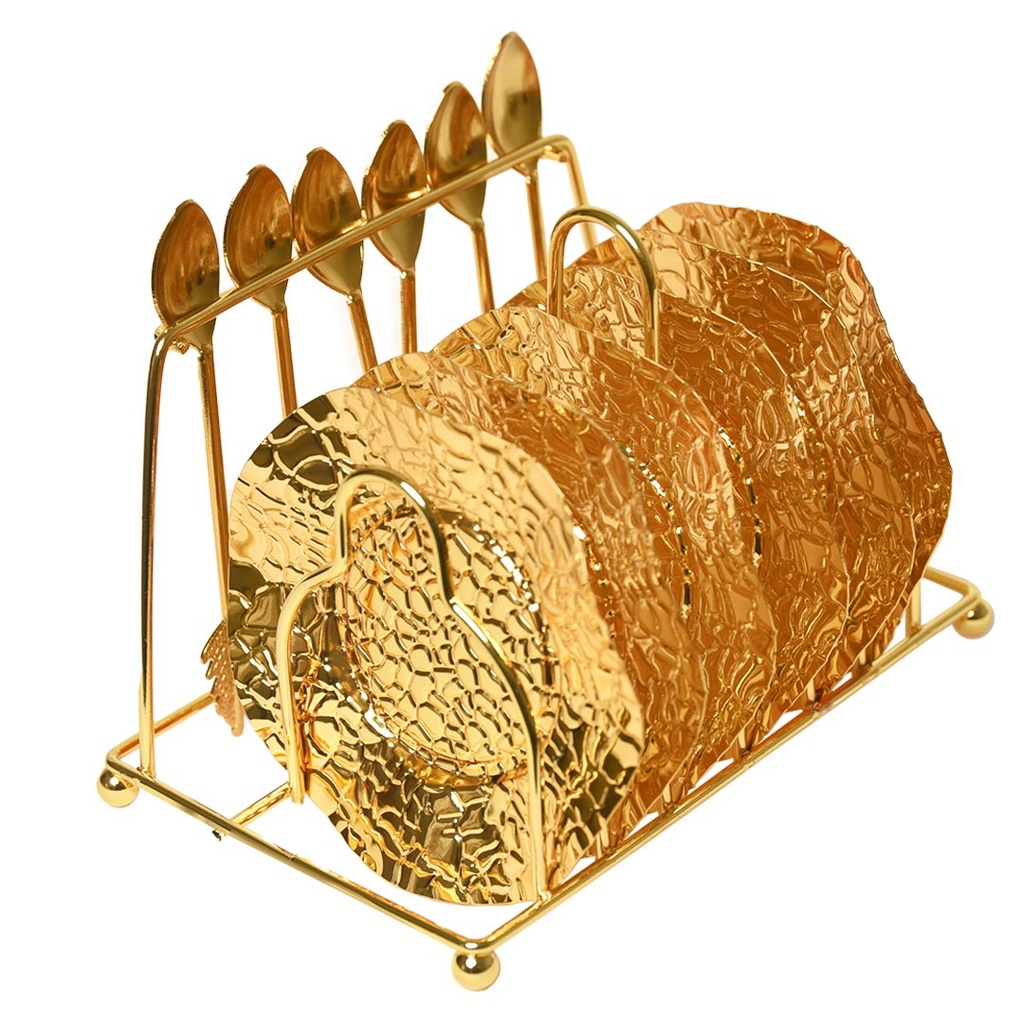 Set de 6 Sous Tasses et 6 Cuillère avec Support en Acier Doré (M2)