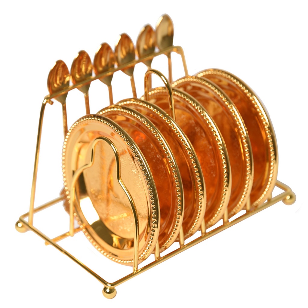 Set de 6 sous tasses et 6 cuillère avec support en acier Doré (M3)