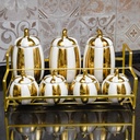 Ensemble de 7 Porte Epices Blanc & Doré en Céramique avec Support Doré