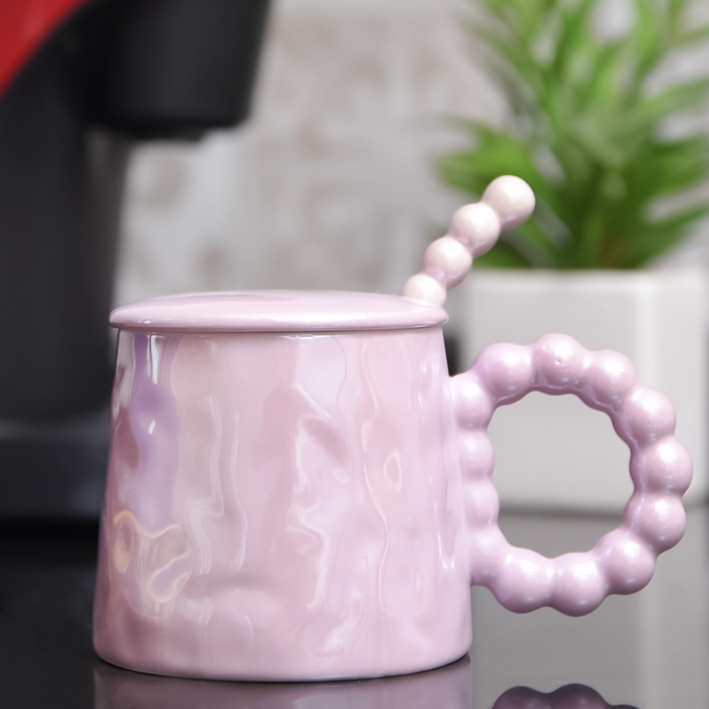 Mug En Céramique Rose avec Couvercle et Cuillère