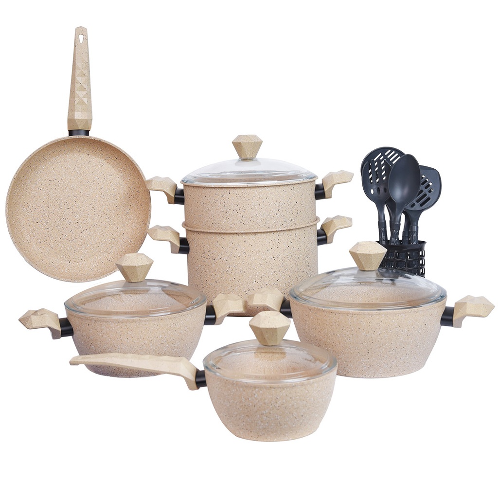 Batterie De Cuisine Sizar 16 Pièces Granite Beige | DOKANI