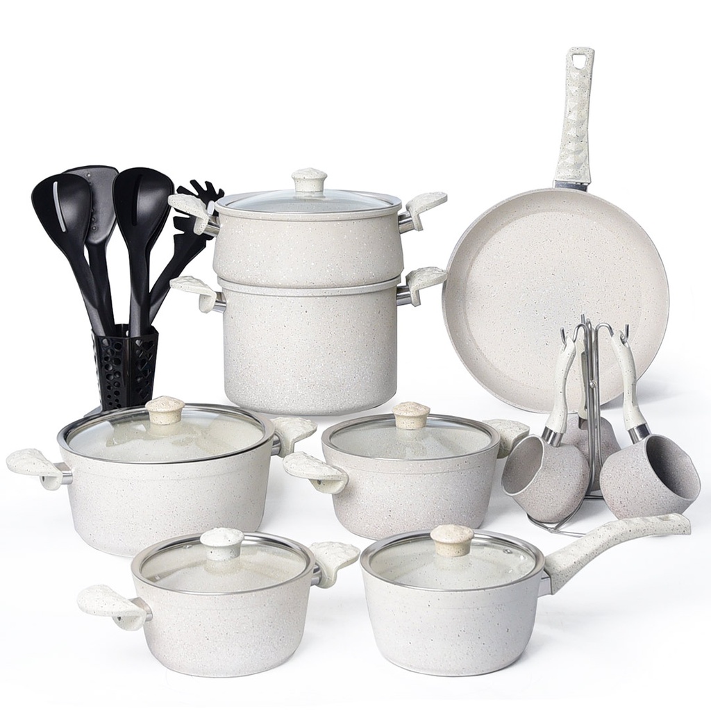 Batterie de Cuisine 22 Pièces Granite Golden House Blanc Cassé | DOKANI