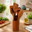 Set De 6 Ustensiles De Cuisine En Bois Avec Pot De Rangement